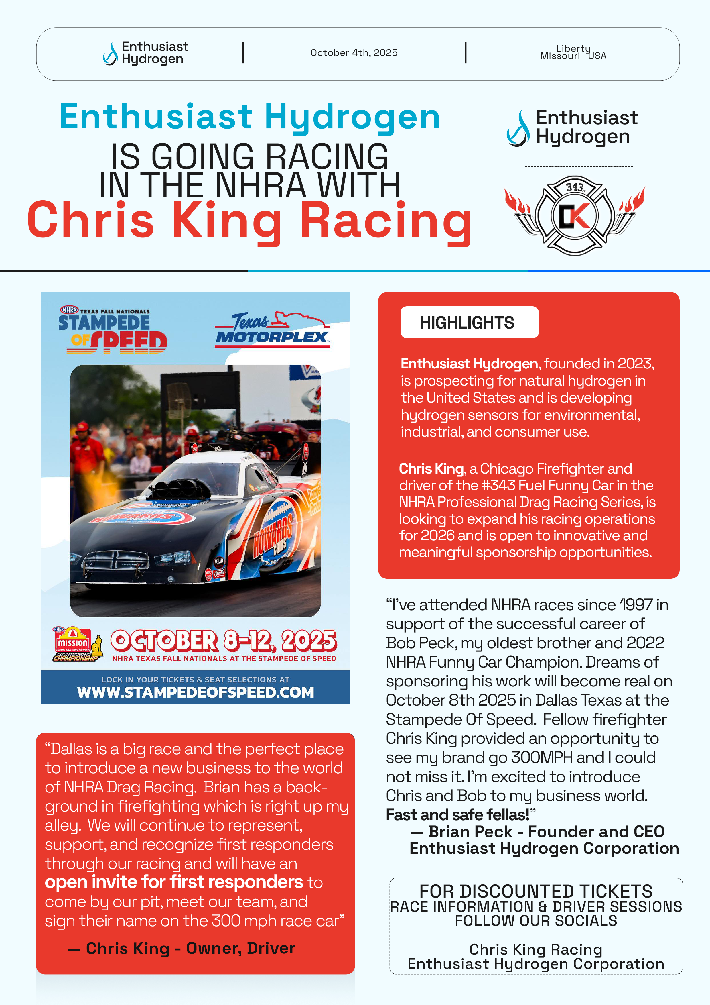 Enthusiast Hydrogen Corporation sponsors Chris King Racing!